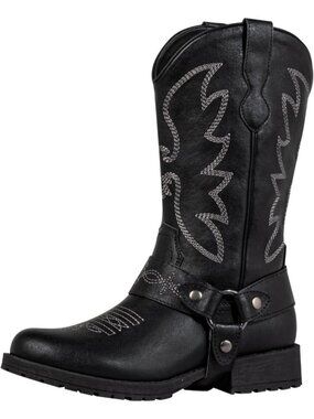 Women's Black Round Toe Western Cowgirl Boots Mid Calf Retro Pull On Block Heels